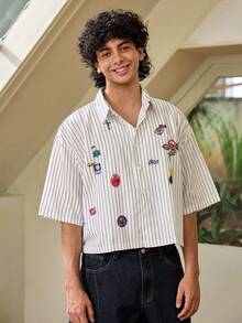 Whitmere Men's Striped Print Embroidered Front Button Short Sleeve Shirt, Summer - White - View 4