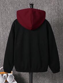 SHEIN 兒童青少年男孩休閒學院風拼接字母圖案連帽夾克，梭織加厚款，適合學校、花園、海灘、生日，春秋夏冬四季穿著，黑色、紅色 - 酒紅色 - 查看 4