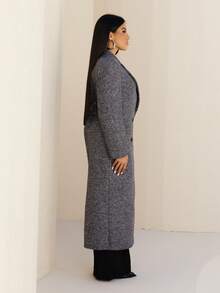 Maju Mazalli Mantel Panjang Wanita Motif Tulang Ikan dengan Kerah Berlipat, Kasual Musim Gugur/Dingin - Grey - View 5