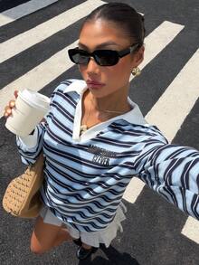 Muchica 藍白條紋長袖T恤黑色圖案印花，優雅休閒夏秋冬度假基本款Y2K運動上衣女款 - 寶藍色 - 查看 3