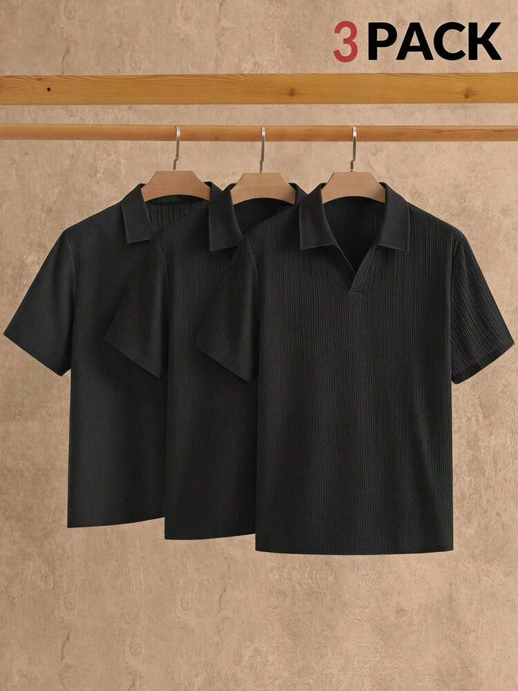 Manfinity VCAY 3pcs/Pack Kemeja Polo Lengan Pendek Minimalis Pria Bahan Sutra Es, Musim Panas - Hitam - View 8