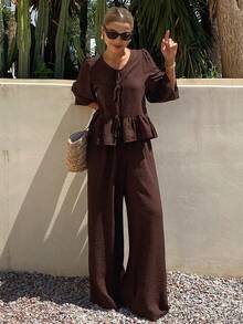 Livesso Women's Textured Tie-Front Ruffle Hem Blouse And Loose Long Pants 2 Pieces Set - Khaki - View 1