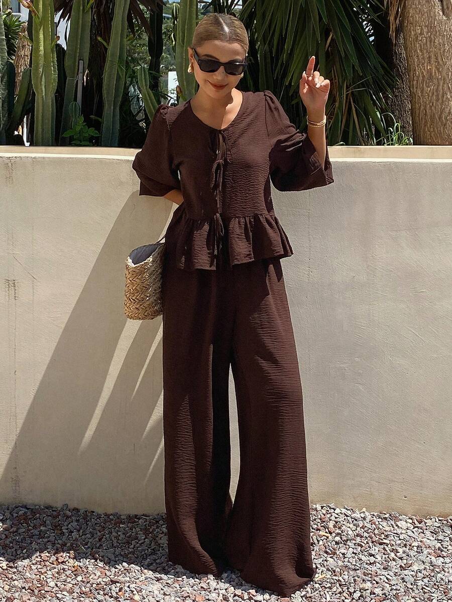 Livesso Women's Textured Tie-Front Ruffle Hem Blouse And Loose Long Pants 2 Pieces Set - Khaki - View 1