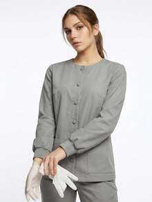 TaskEZ Light Gray Long Sleeve Crew Neck Double Pocket Convenient Comfortable Scrub Uniform Jacket - Light Grey - View 5
