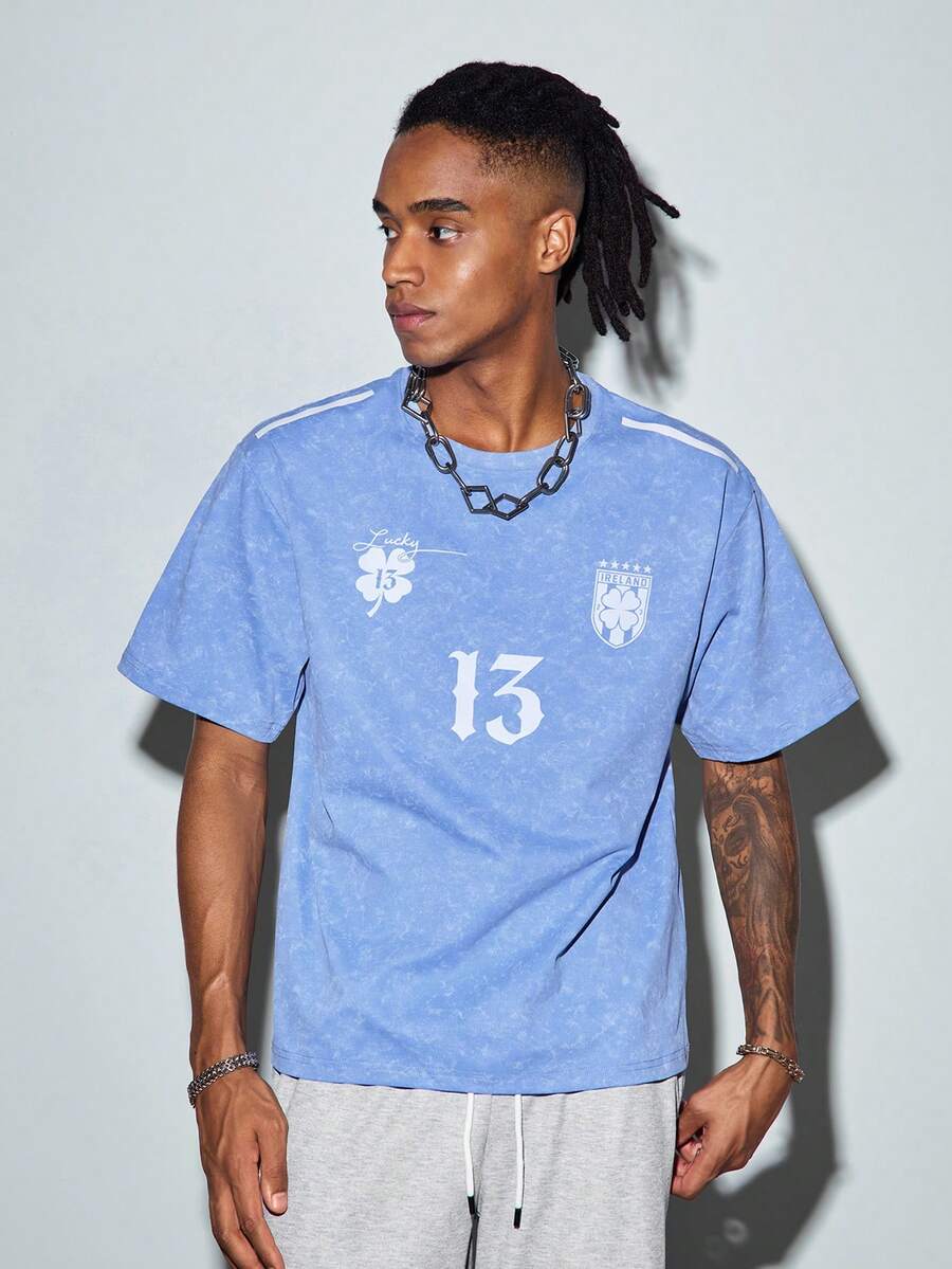 Modcrash Men's Summer Short Sleeve T-Shirt, Number 13 Graphic Print, Breathable Knit Fabric, Suitable For Casual Daily Wear - Baby Blue - View 1