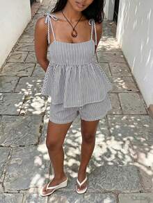 FavEase Women's Vacation Blue Casual Striped Camisole And Shorts 2 Pieces Set, Suitable For Casual Vacation, Outings, Dates, College, Daily, Office, Home - Black and White - View 3
