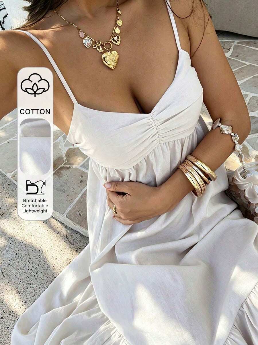 DAZY 女款米白色抓皺純色細肩帶方領收腰中長度假洋裝 夏季 歐風巴黎 - Pearl White - 查看 1