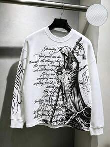 ROMWE MEN Men's Waffle Fabric Gothic Cross Print Pullover Sweatshirt, Suitable For Daily Wear In Autumn/Winter - White - View 5