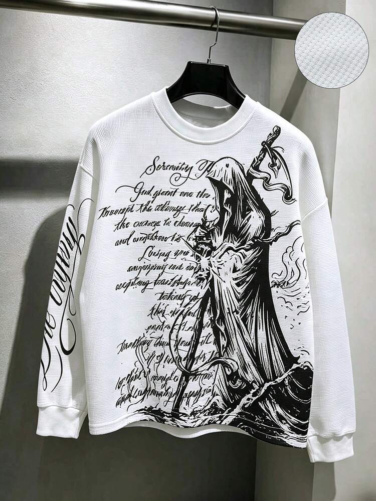 ROMWE MEN Men's Waffle Fabric Gothic Cross Print Pullover Sweatshirt, Suitable For Daily Wear In Autumn/Winter - White - View 5