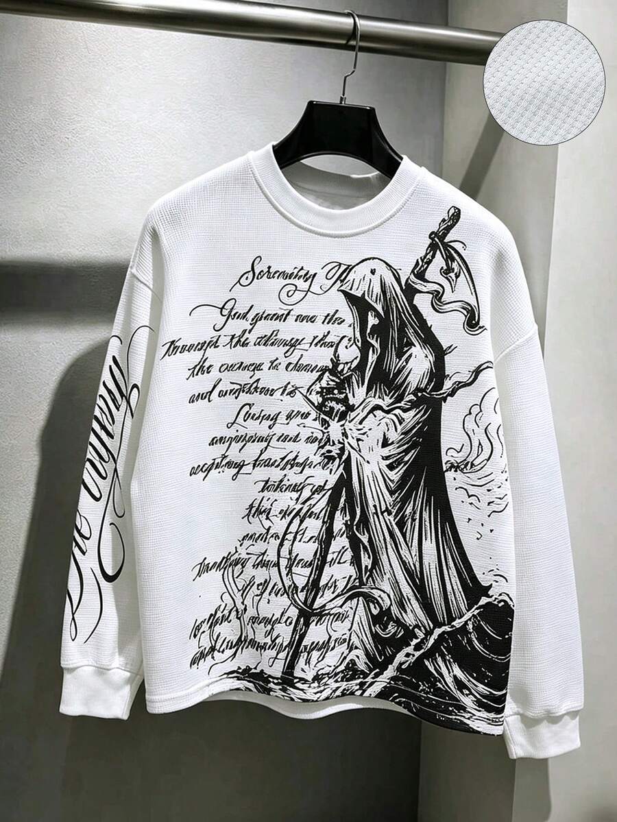 ROMWE MEN Men's Waffle Fabric Gothic Cross Print Pullover Sweatshirt, Suitable For Daily Wear In Autumn/Winter - White - View 1