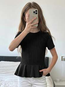 DAZY Tween Girl Summer Casual Versatile Solid Color Short Sleeve T-Shirt - Black - View 4