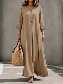 Linhara CURVE Women's Plus Size Notch V-Neck Mid-Length Sleeve Ruffle Design Long Dress, Spring Summer Autumn Winter Fall - Apricot - View 5