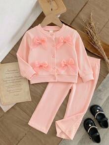 SHEIN 2pcs Baby Girl Cardigan + Pants Sweet Elegant Light Pink Big Bow Ribbed Knit Button Long Sleeve Round Neck Regular Birthday Fall Back To School Solid - Multicolor - View 2
