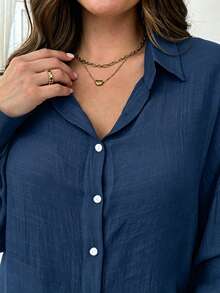 INAWLY Plus Size Women's Solid Color Long Sleeve Single Breasted Loose Casual Long Shirt Fall - Navy Blue - View 4