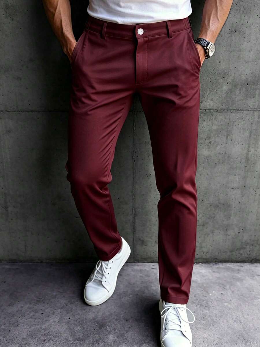 Manfinity Mode Men's Solid Color Pocket Button Casual Daily Travel Long Pants - Burgundy - View 1