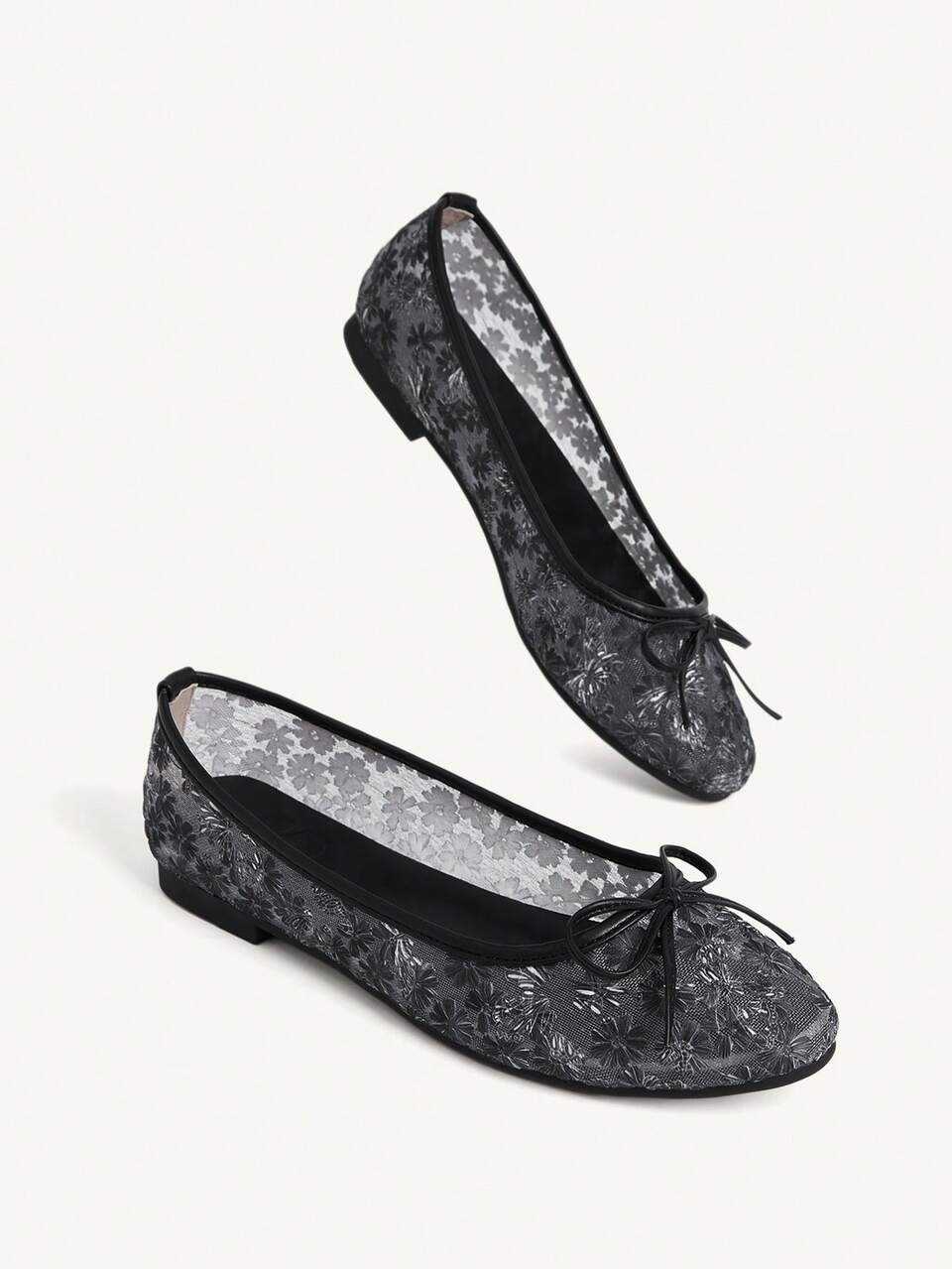 CUCCOO CHICEST Round Toe Flat Bottom Black Retro Floral Lace Mesh Bow Women's Flat Sole Shoes Ballet Shoes Elegant Breathable And Versatile Low Vamp Flat Bottom