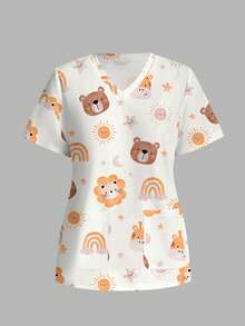 PopScrub Cute Bear Giraffe Lion Print Casual Maid Anime Scrub Uniform Minimalist Scrub Top Work White Autumn - Multicolor - View 1