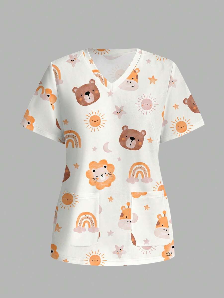 PopScrub Cute Bear Giraffe Lion Print Casual Maid Anime Scrub Uniform Minimalist Scrub Top Work White Autumn - Multicolor - View 1