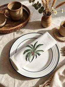 Cirelle 1/2/4 Pcs Embroidered Palm Tree Cloth Napkins, Off-White Dinner Napkins With Green Tropical Palm Embroidery, Washable Reusable Table Napkins For Dining Room Decor - Multicolor - View 16