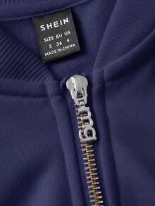 SHEIN BASICS Chaqueta holgada de punto de unicolor con cuello alto y manga larga para mujer en otoño/invierno - Azul Marino - Ver 11