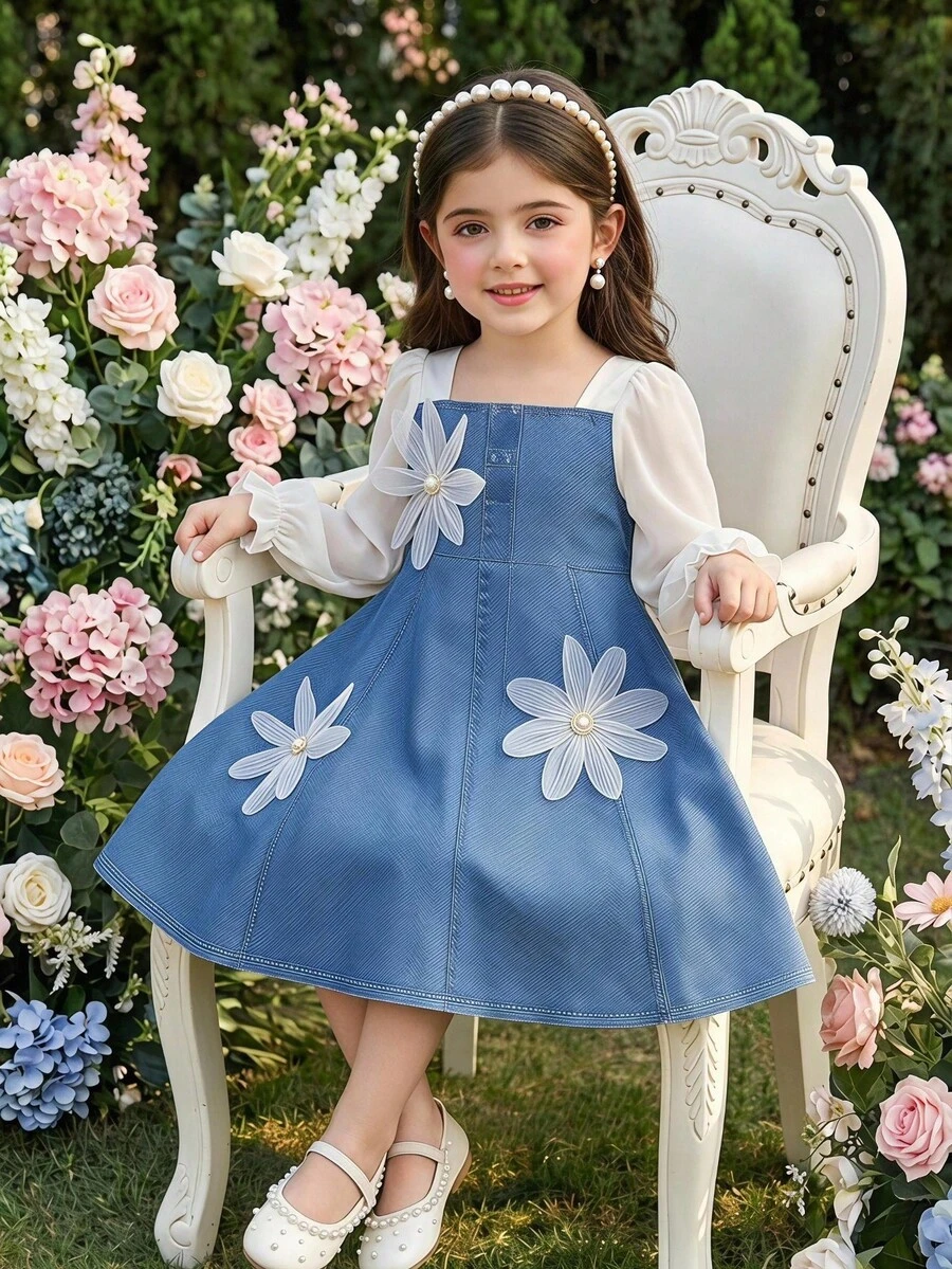 SHEIN 女童幼兒洋裝，附3D花朵飾品，長版泡泡燈籠袖，拼色數位印花，藍色秋季款 - 藍色 - 查看 1