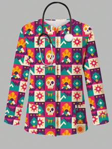 PopScrub Jaket Seragam Perawat Motif Tengkorak Blok Geometris Warna Pink, Kardigan Leher Bulat Mode Musim Semi/Gugur dengan Desain Tali Telinga, Atasan Seragam Perawat Wanita, Hari Orang Mati - MultiWarna - View 5