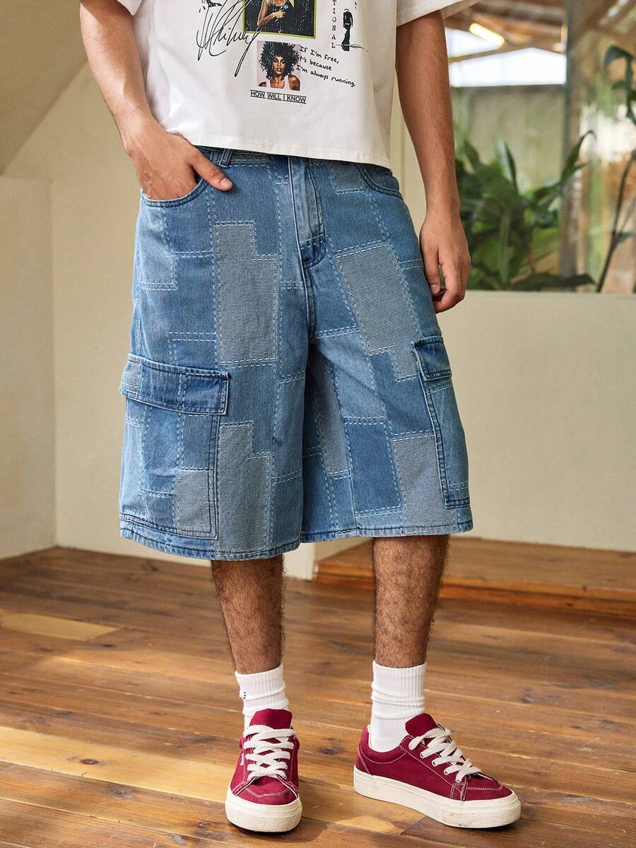 1pc Men's Vintage Washed Jacquard Patchwork Denim Cargo Shorts, Casual Street Style Denim Shorts - Blue - View 1