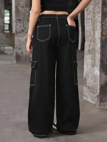 SHEIN Girlism 少女Y2K撞色拼接黑色宽松阔腿牛仔裤，夏季波西米亚风口袋阔腿牛仔裤，夏季学院风休闲装 - 黑色 - 查看 2