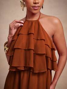 Vixey Solid Chiffon Fully Lined Tiered Ruffle Flowy Halter Neck Maxi Dress, Casual Dress - Orange - View 4