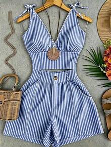 SHEIN Franclia Women's Striped Pleated Top And Shorts Casual Coastal Chic Tropical Daily Mid-Length Vacation Beach Blue And White Stripe Summer - Blue - View 1