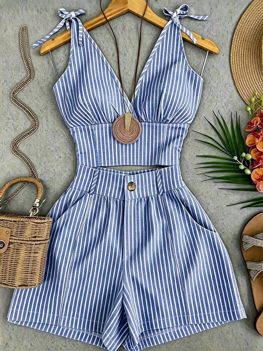 SHEIN Franclia Women's Striped Pleated Top And Shorts Casual Coastal Chic Tropical Daily Mid-Length Vacation Beach Blue And White Stripe Summer - Blue - View 1