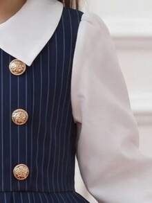 SHEIN Elladie kids 女童海軍藍垂直條紋 2 合 1 翻領雙排扣白色長袖公主裙，經典彼得潘領，7 歲生日秋季款 - 藏蓝色 - 查看 5