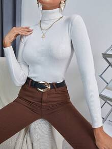 SHEIN LUNE Solid High Neck Rib Knit Jumper - White - View 5