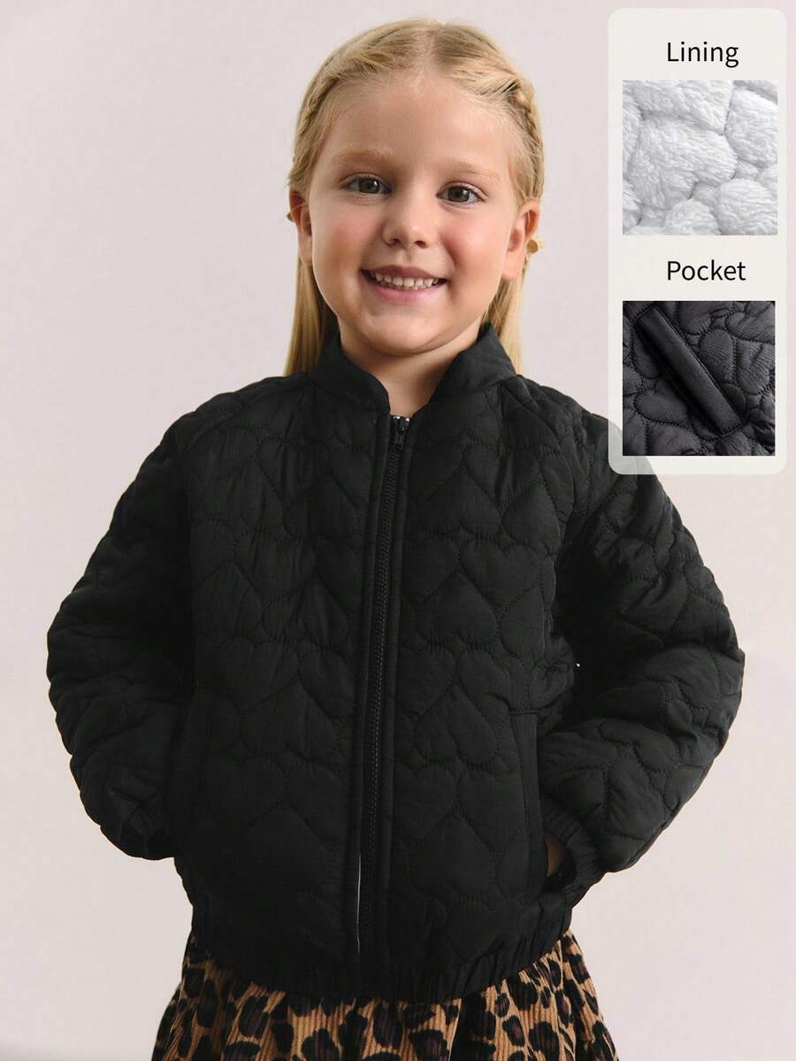 Maija Kids Maija Kids 女童愛心圖案加厚外套,兒童黑色拉鍊連帽羽絨夾克,休閒秋冬絎縫外衣,適合職業日穿著 - 黑色 - 查看 1