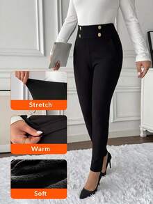 SHEIN Clasi 女款高腰金屬扣飾緊身長褲 - 黑色 - 查看 4