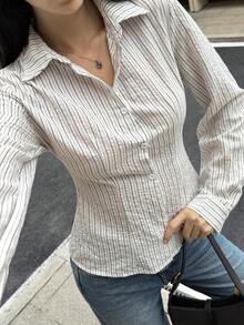 Livesso Women's White Cotton Long Sleeve Lace Ruffle Button-Up Slim Fit Cinched Waist Shirt - White - View 7
