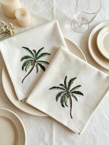 Cirelle 1/2/4 Pcs Embroidered Palm Tree Cloth Napkins, Off-White Dinner Napkins With Green Tropical Palm Embroidery, Washable Reusable Table Napkins For Dining Room Decor - Multicolor - View 10