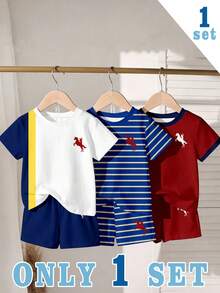 1 Random Set, Red Blue Yellow Colorblock Red Blue Yellow Kids Classic Knight Print Crew Neck Short Sleeve T-Shirt And Shorts Set - Multicolor - View 4