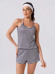 Loungeista Women's Casual Black & White Striped Print Camisole Pajama Set - Multicolor - View 4