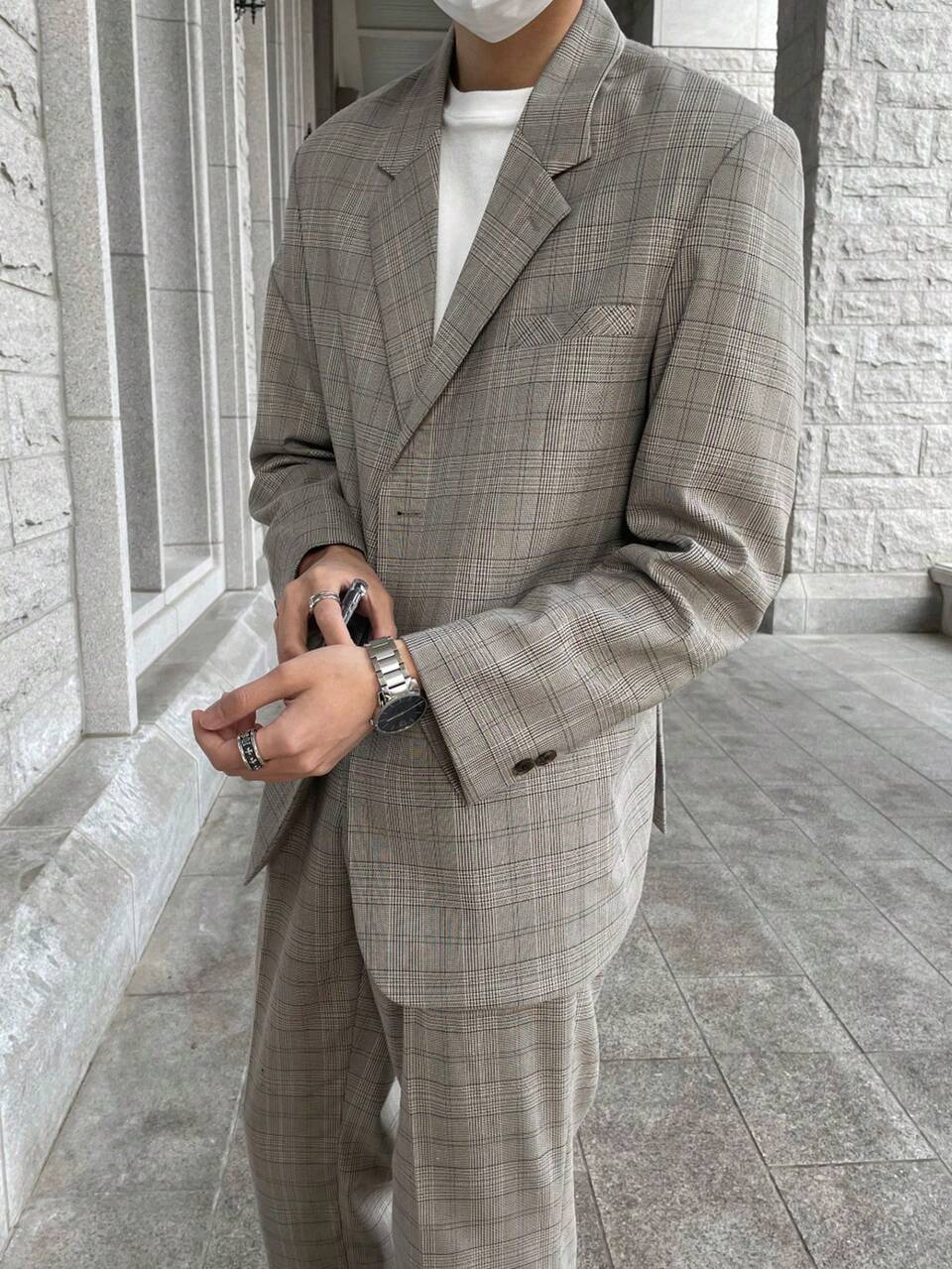 Spring/Autumn Grey Plaid Fabric Blazer With Semi-Elastic Waist Suit Pants Men's Suit Set