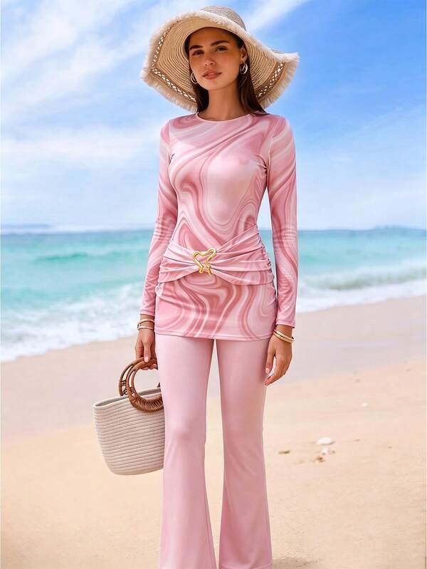 Swim Shayni Women's Summer Beach Vacation Pink Marble Print Long-Sleeve Top And Flared Pants Swimwear Set,Modest Two-Piece Swimsuit For Muslim Women