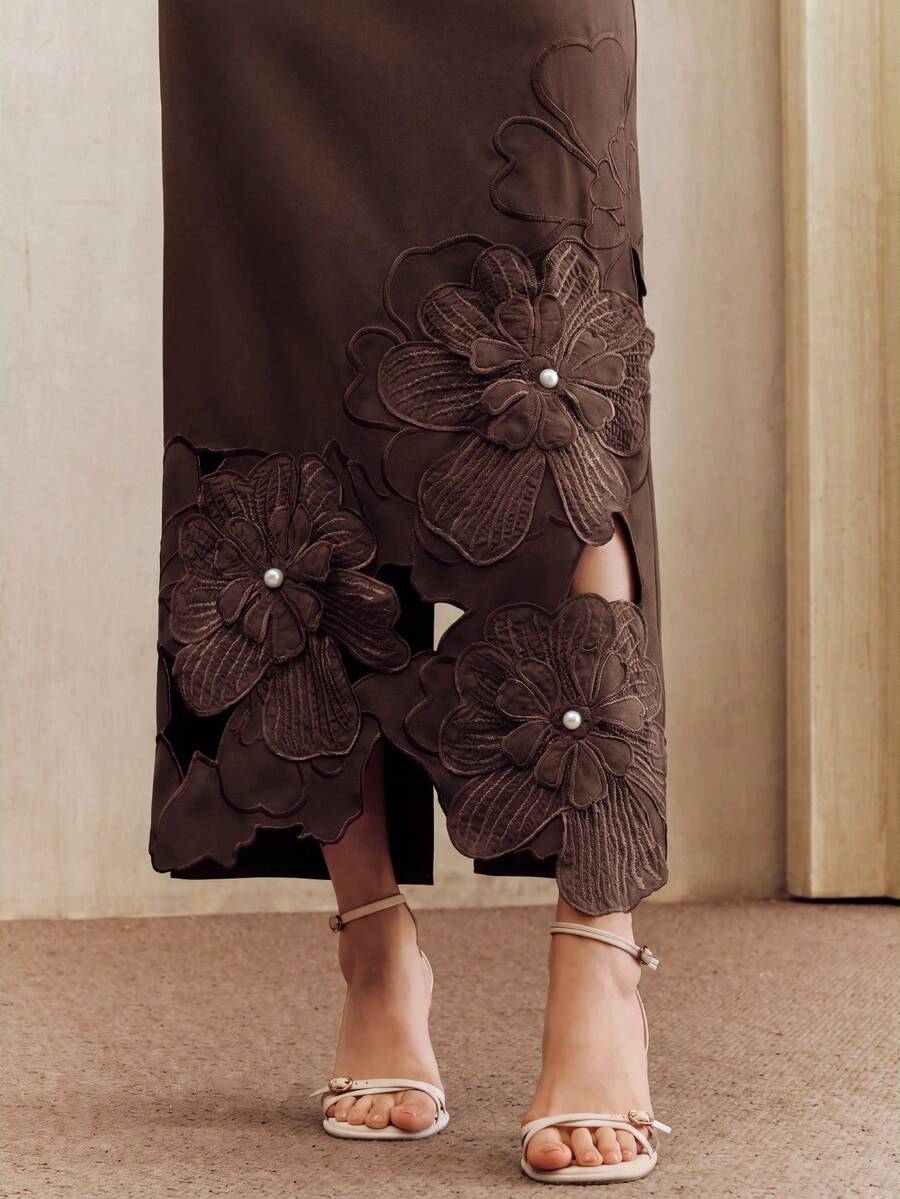 Anewsta 女款純色收腰直筒短袖重工鏤空刺繡綴珠長洋裝