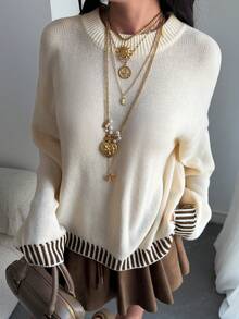 DAZY Women's Round Neck Dropped Shoulder Long Sleeve Patchwork Striped Loose Sweater - Apricot - View 7