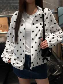 DAZY Women's Polka Dot Zipper Casual Versatile Daily Long Sleeve Jacket Fall - White - View 7