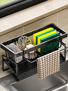 1PC Multi-Grid Sink Sponge Storage Rack With Towel Bar, Rustproof Metal Kitchen Sink Caddy Organizer, Drainable Countertop Holder For Dish Sponge Scrubber Steel Wool Soap, Space-Saving Kitchen Accessory For Sink Counter Tidying - one size fits all - View 2