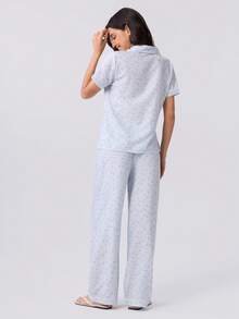 Loungeista Bubble Crinkle Little Star Print Short Sleeve Long Pants Pajama Set - Baby Blue - View 2