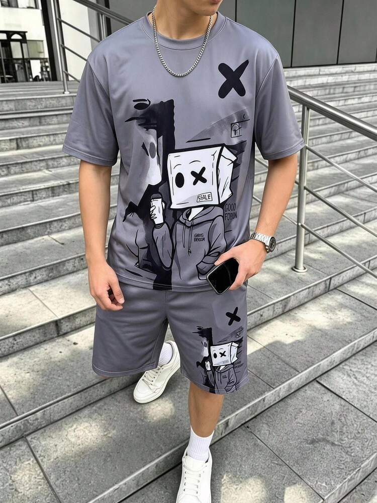 Coolqubz 2件套休闲卡通人物印花T恤套装，适合青少年男孩日常通勤和运动穿着 - 灰色 - 查看 1