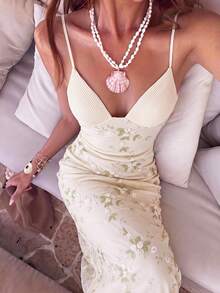 Aloruh Women's White Floral Elegant Party Maxi Dress, Deep V Ruched Bust Embroidered Fitted Waist Summer Wedding Guest Dress Island Vacation Outfits - Apricot - View 2