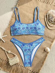 Swim Mod 2pcs/Set Women's Beach Bikini Set, Random Colorful Ocean Element & Shell Strap, Geometric Contrast Trim Design - Multicolor - View 4