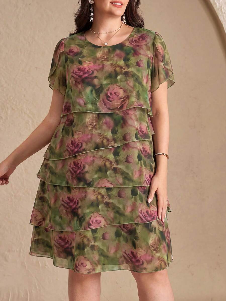 Reflora 大尺碼女款花卉圖案圓領花瓣短袖寬鬆洋裝 - 黑色 - 查看 1